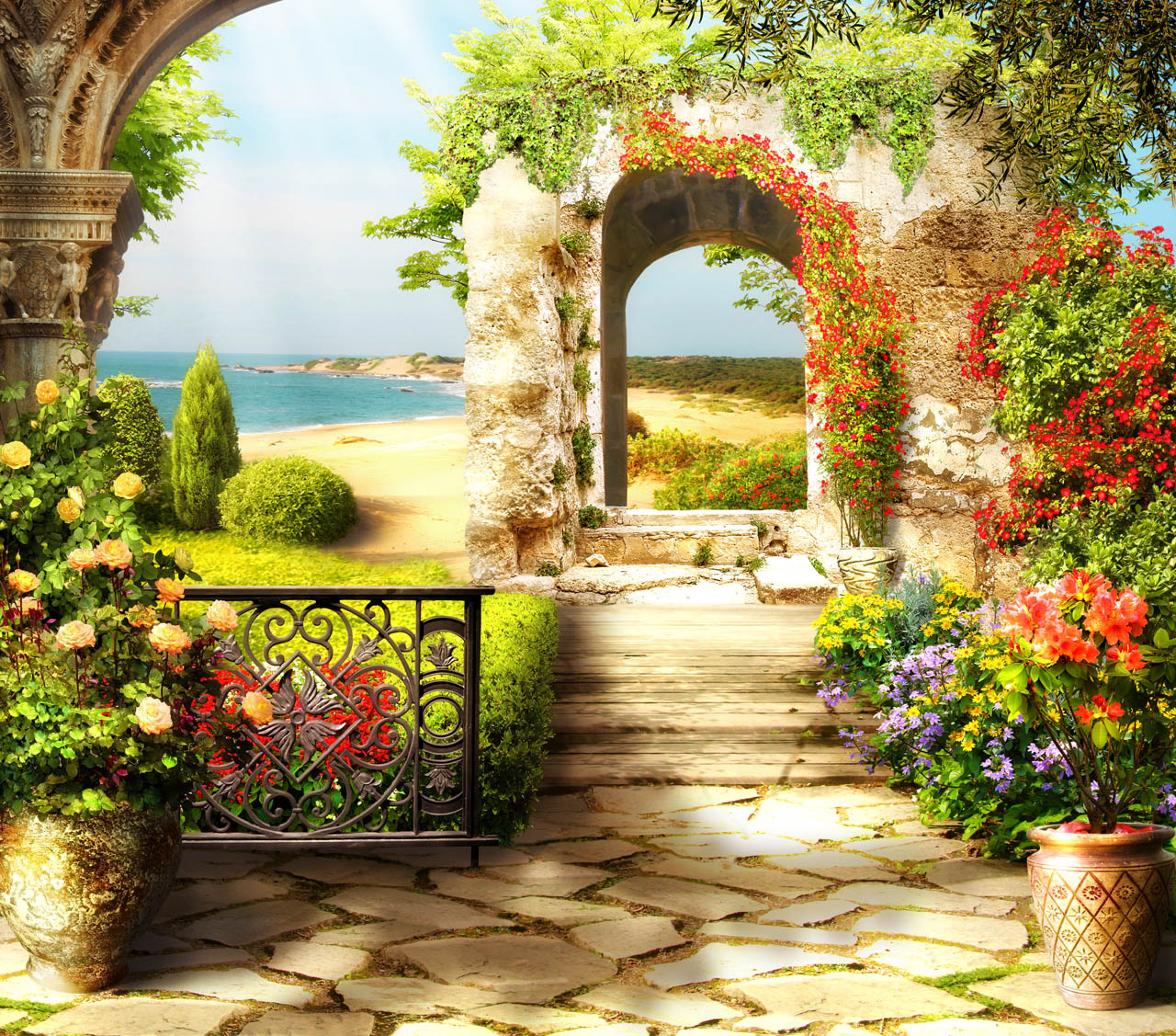Фотообои Красивый сад с арочной стеной