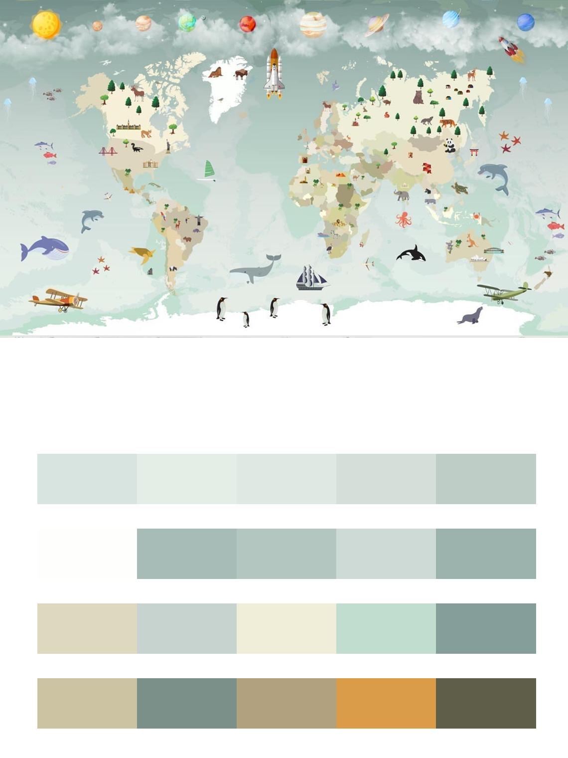 Карта с планетами и животными в детскую цвета