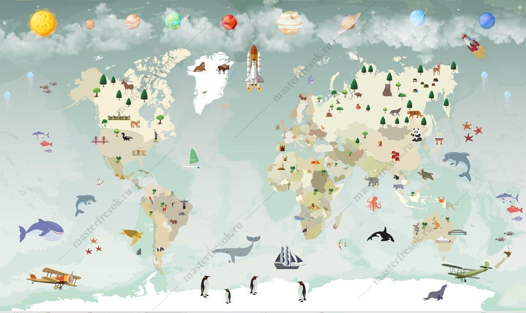 Фотообои Карта с планетами и животными в детскую